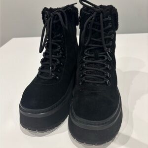 AQ by Aquatalia Thea Boots 7 | Black Suede Faux Fur Lug Sole Combat Boots